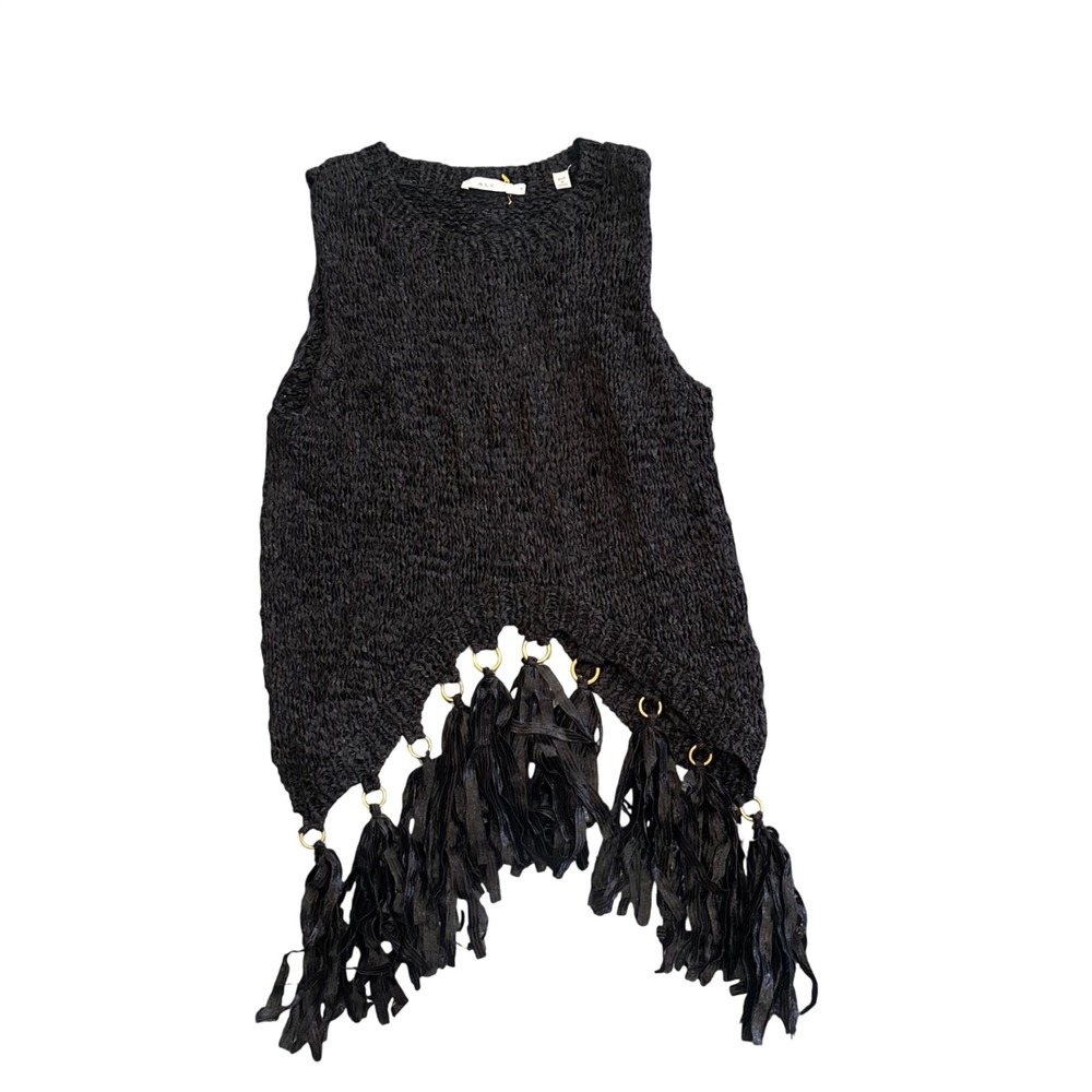 A.L.C. Black Textured Knit Sleeveless Tassel Fringe Top Gold Ring Detail Small